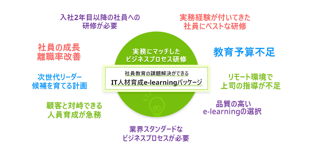 実務にマッチしたビジネスプロセス研修　社員教育の課題解決　IT人材育成e-learningパッケージ 入社2年目以降の社員への研修が必要,実務経験が付いてきた社員にベストな研修,リモート環境で上司の指導が不足,社員の成長,離職率改善,品質の高いe-learningの選択,業界スタンダードなビジネスプロセスが必要,次世代リーダー候補を育てる計画,教育予算不足,顧客と対峙できる人員育成が急務